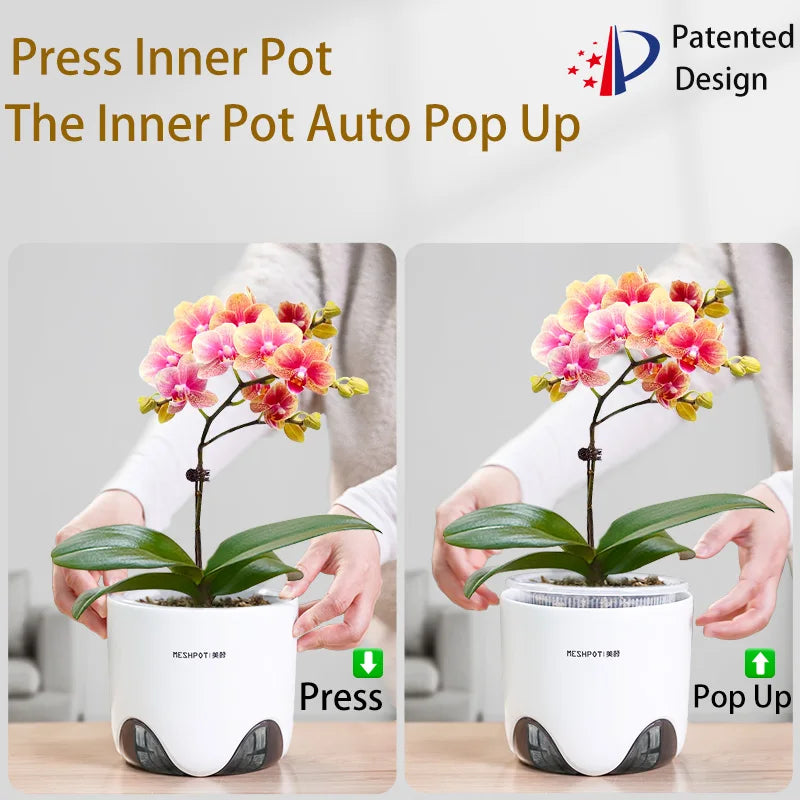Meshpot Double Layer Orchid Pots with Holes - Plastic Planters Imitate Ceramic, Air Circulation Design for Phalaenopsis Orchid