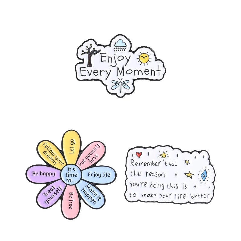 3pcs/set Assorted Cute Enamel Pins Collection Funny Slogans Animals Inspirational Quotes Pop Culture Lapel Badges for Clothing
