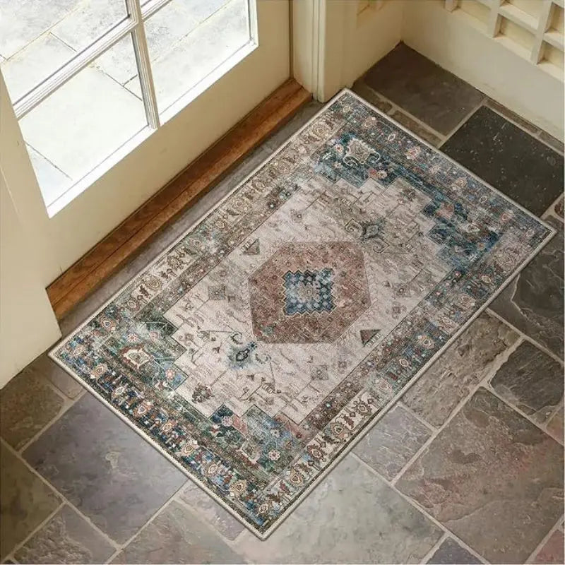 VIKAMA Washable Low Pile Oriental Entry Rug Rustic Terracotta Teal Medallion Design Anti Slip Patio Front Door Floor Mat