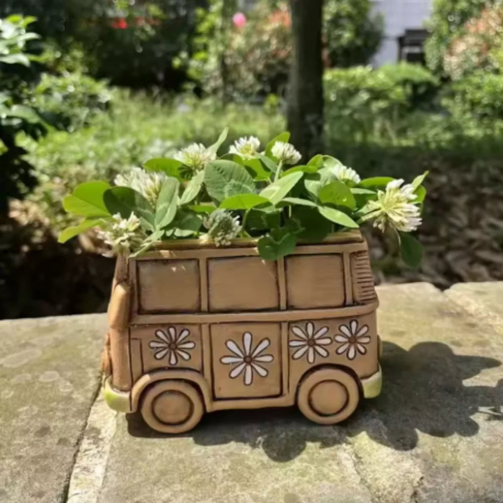 Retro Hippie Bus Shaped Flower Pot, Peace & Daisy Decor Resin Planter for Succulents Home Garden Decor