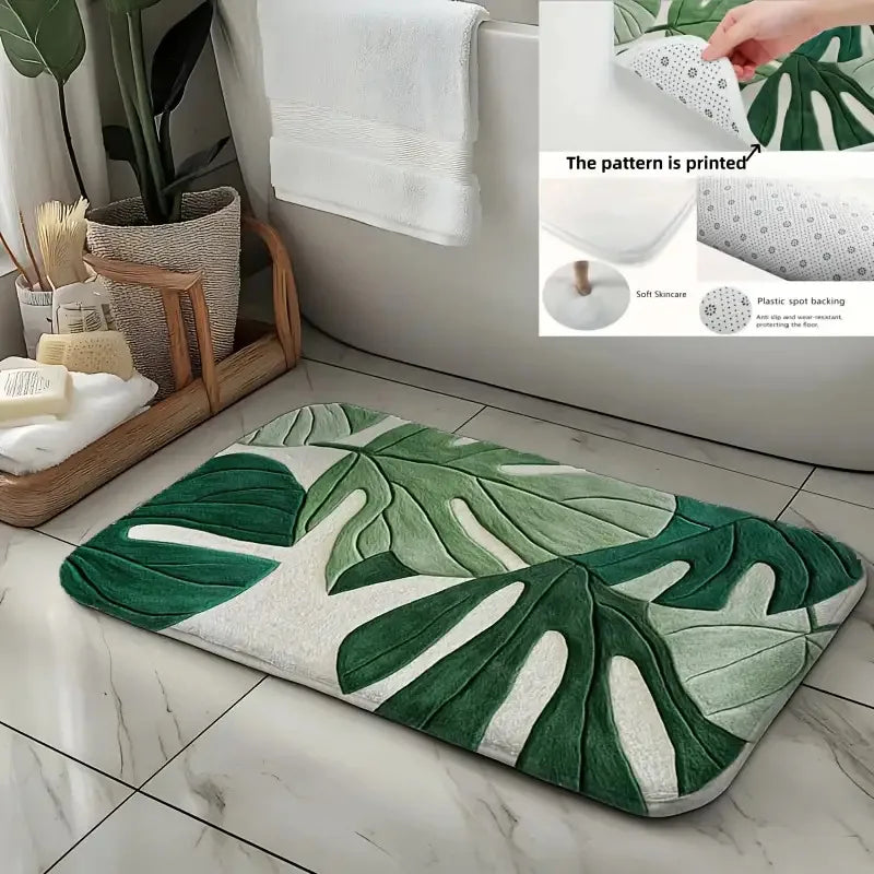 3D Monstera Leaf Doormat 1pc Green Tropical Plant Design with Raised Pattern, Soft Plush Floor Mat for Bathroom and Living Room