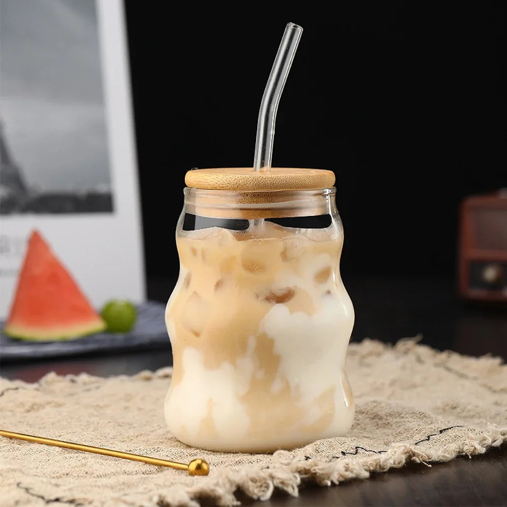 500ml Stripe Glass Cup With Lid and Straw Transparent Glass Mug Iced Coffee Cup Drinking Glasses For Juice Water Cup Drinkware