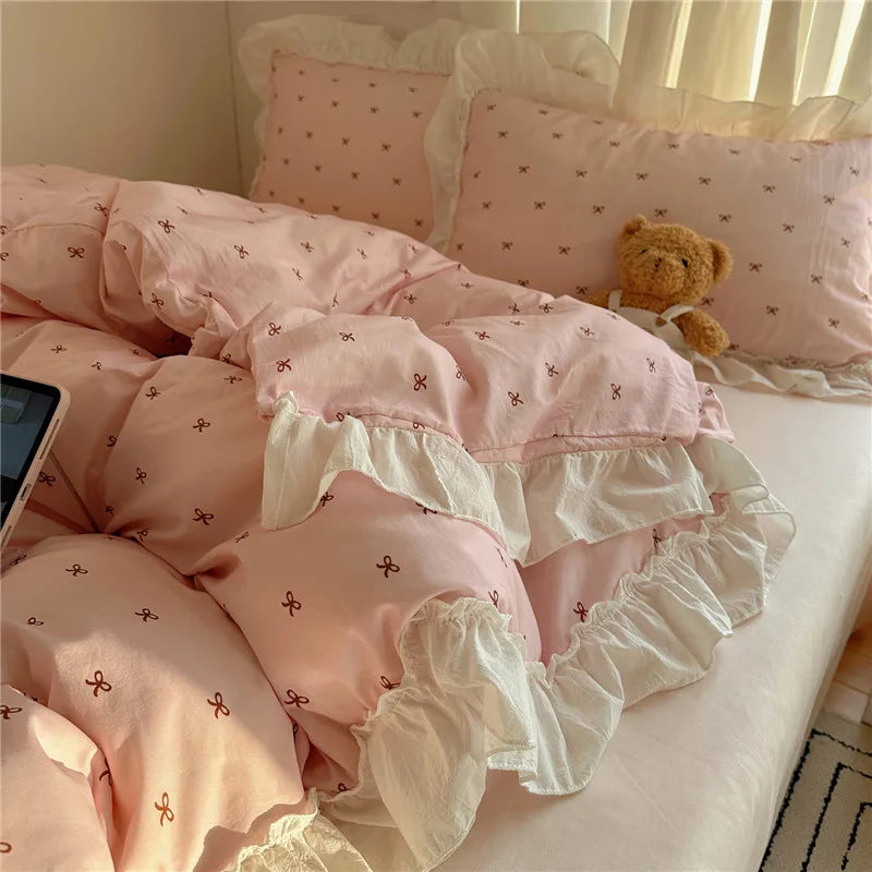 3/4Pcs Korean Princess Style Bow Ruffles Bedding Set Single Queen King Size Duvet Cover Set Bed Sheet Pillowcases
