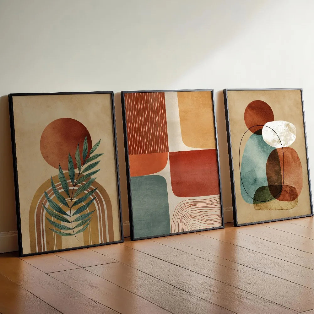 Frameless,Mid-century Modern Bohemian Abstract Wall Art,Terracotta Warriors and Horses Digital Prints,Living Room Home Decor