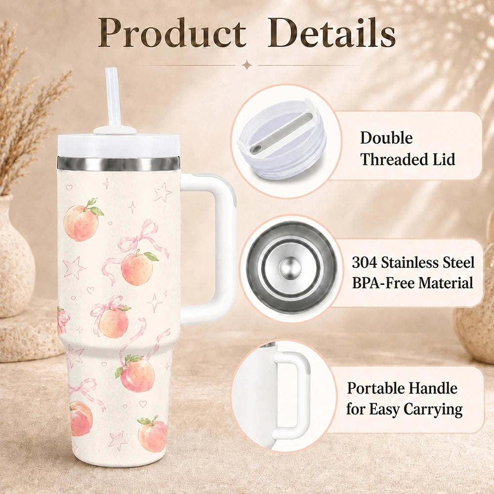 Kawaii Cherry Pattern Vacuum Flasks 40oz Stainless Steel Insulated Tumbler with Handle & Straw Leakproof Travel Mug