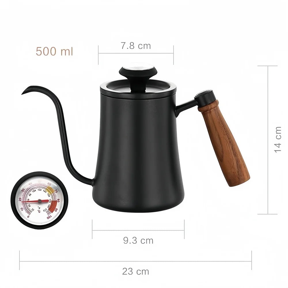Coffee Pot with Lid Thermometer 304 Stainless Steel Clear Scale Solid Wood Handle High Quality Hand-made Coffee Utensils 500ML