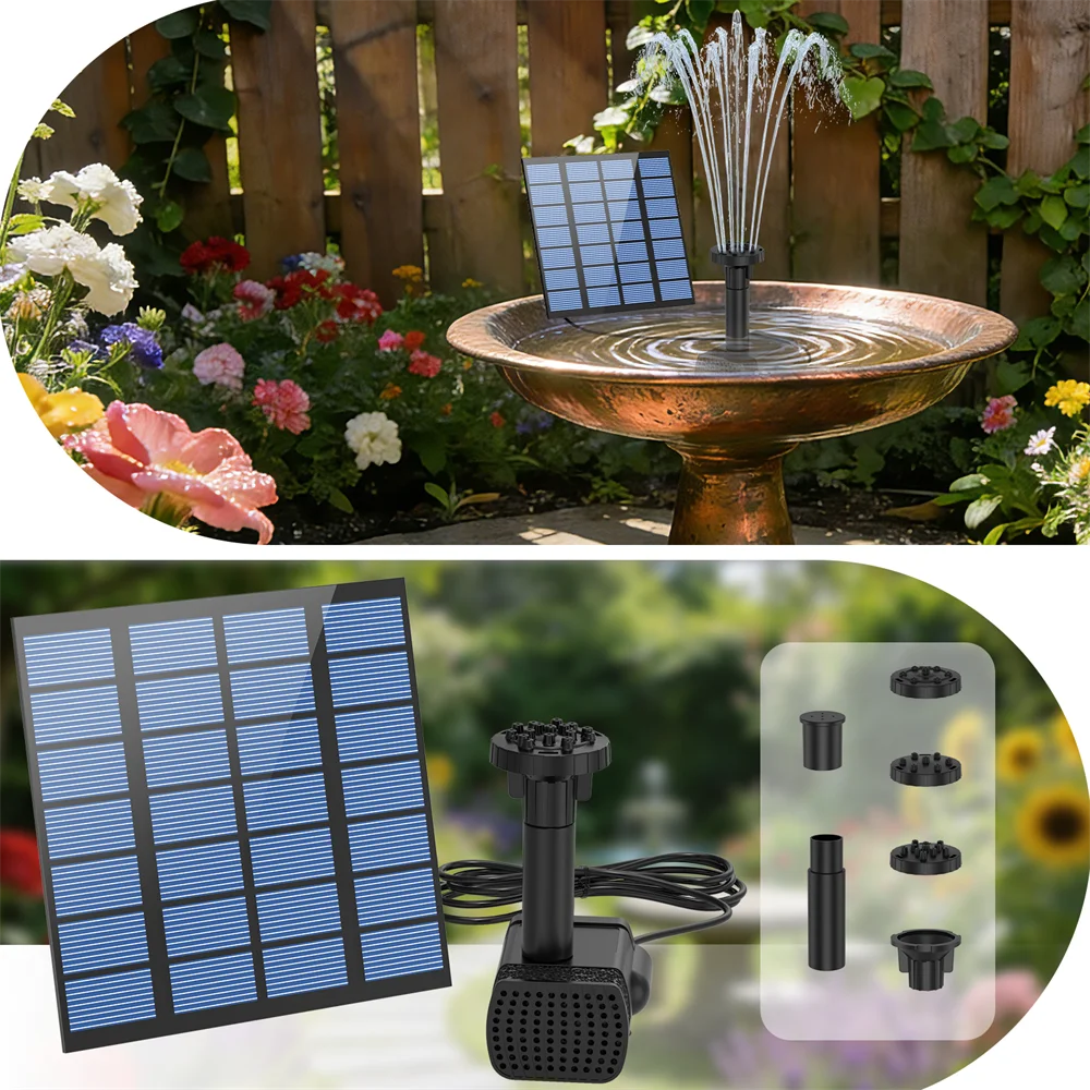 Outdoor 1.8W Split Solar Fountain Pump, Solar Bird Bath Water Pump with 6 Nozzles DIY Water Features for Garden Pond Pool Etc