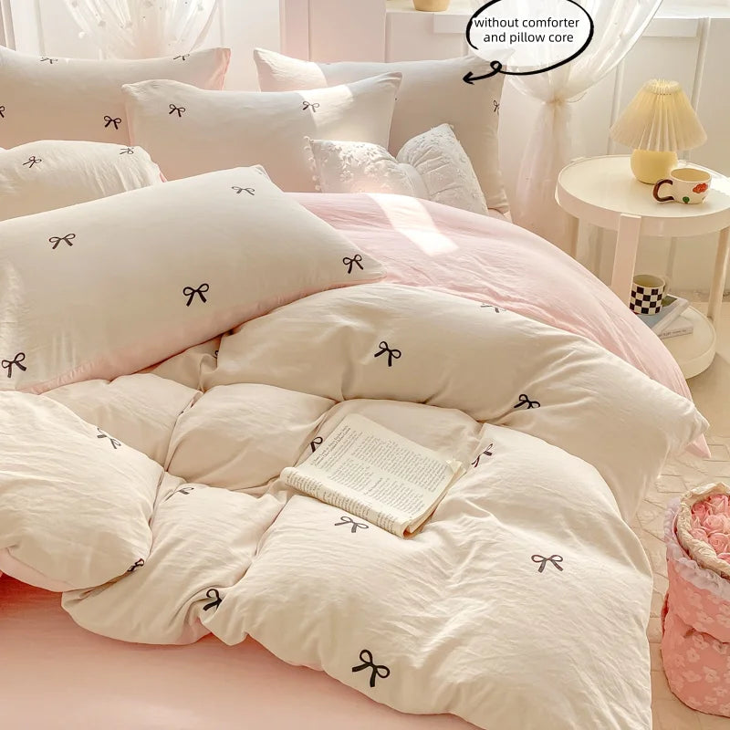 3 Piece Sheet Set pink bowknot embroidery duvet cover Set , comfortable Bedding Set Bedspread for All Season