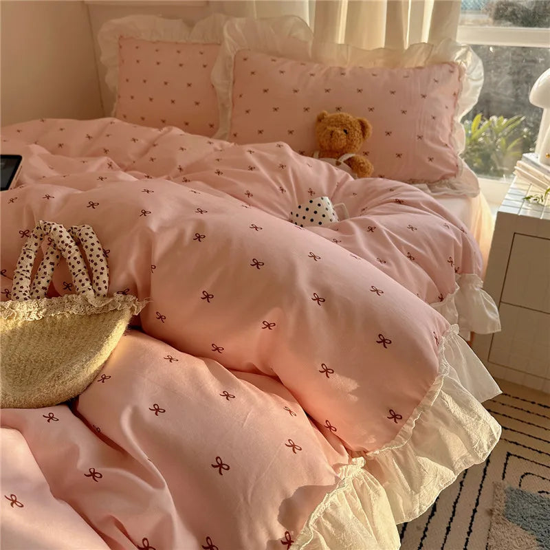 3/4Pcs Korean Princess Style Bow Ruffles Bedding Set Single Queen King Size Duvet Cover Set Bed Sheet Pillowcases