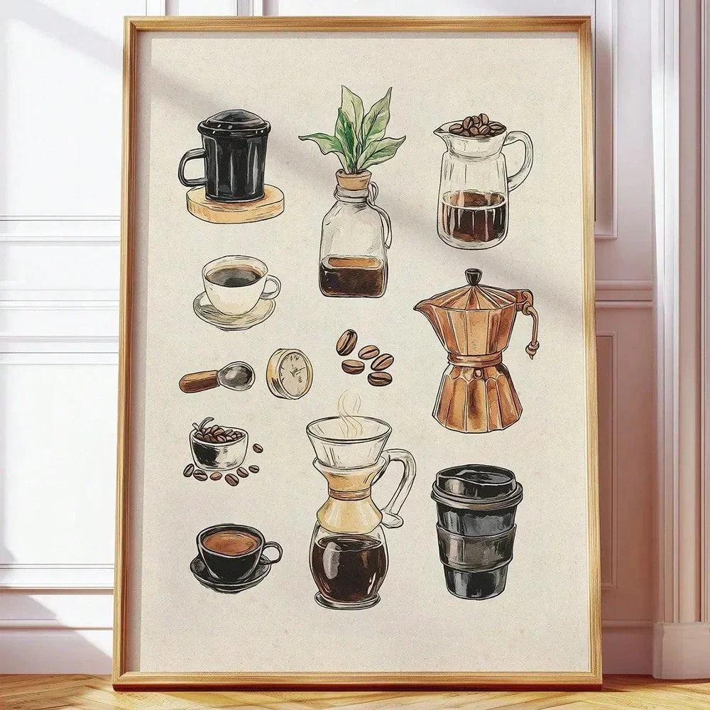 Unframed/Framed Retro Coffee Chart Rustic Canvas Poster Print Coffee Lover Bar Cart Minimalist Kitchen Drinks Wall Art Painting