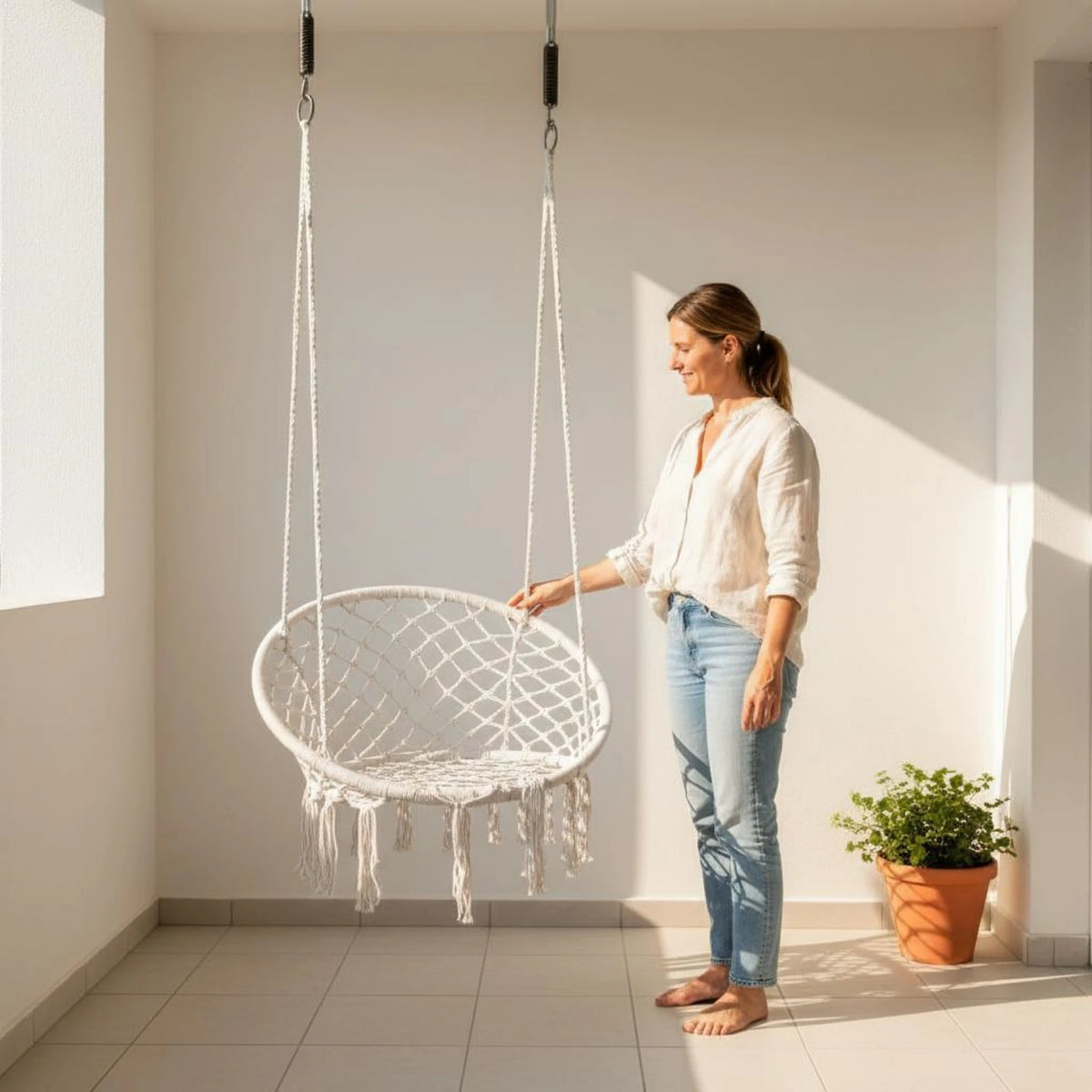 Macrame Chair Airy Lattice Cotton Rope Hanging Chair Home Furniture Oval Frame Single-Color