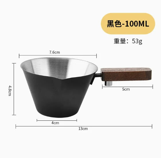 1PCS Walnut handle Italian espresso measuring cup, stainless steel with handle and scale, extraction cup, small milk cup, 100ml