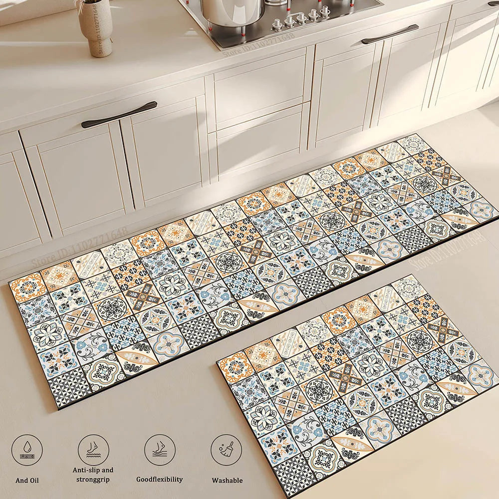 Retro Kitchen Rugs Non-Slip Absorbent Bedroom Luxury Entrance Doormat Washable Anti Fatigue Carpet Long Large Waterproof Mat