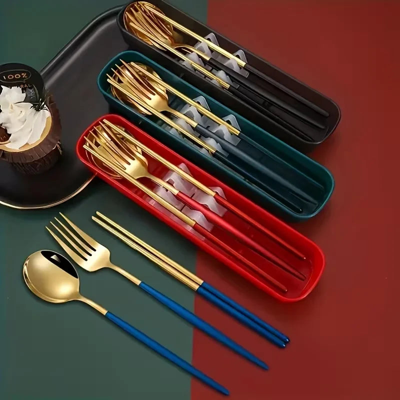 4-Piece Stainless Steel Portable Cutlery Set with Storage Box – Spoon, Fork & Knife