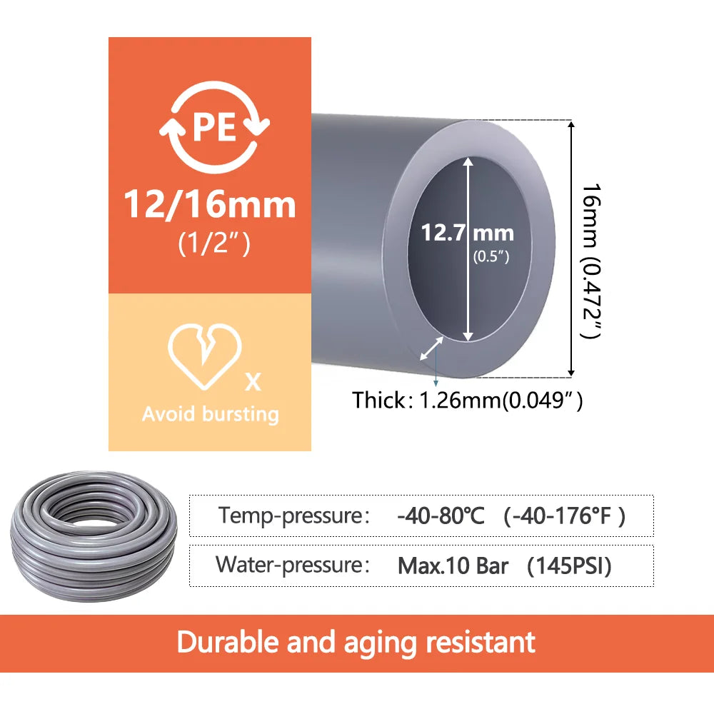 10M/20M/30M 1/4" 3/8" 1/2" Gray PE Hose for Home Garden Areenhouse Drip Irrigation Pipe OD-6mm OD-12mm OD-16mm Watering Tubeing