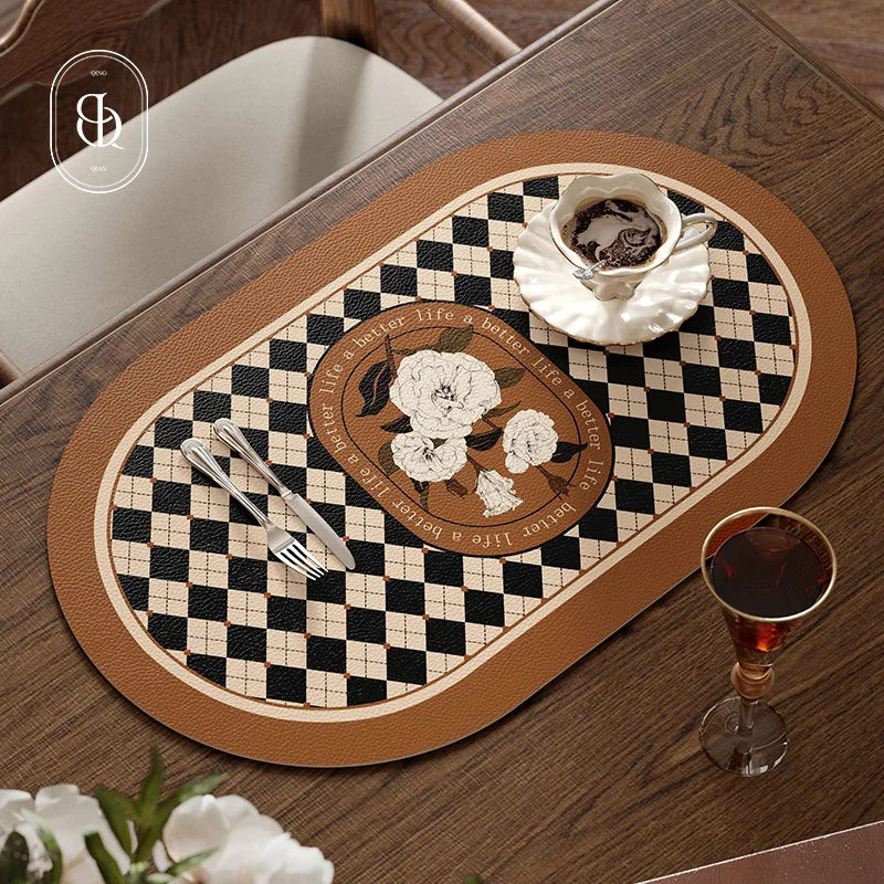 Faux Leather Placemats Set of 2 Non-Slip Oval Faux Leather Table Mat Heat Stain Resistant for Dinning Room Decor 12x20 Inch Gift