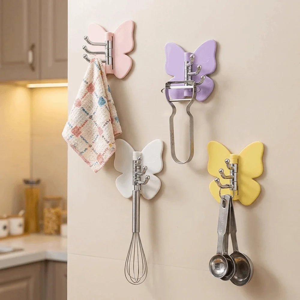 4Pcs Rotating Butterfly Triple Hook Household Multifunctional Kitchen Bathroom Adhesive Hook Strong Load-bearing Small Butterfly
