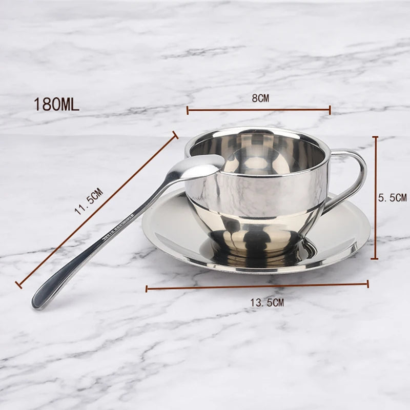 Coffee Cups Set Double-deck Thermal Insulation Coffee Mug Tea Cups Set Milk Mug with Saucer Mat Spoon Stainless Steel Metal CIQ