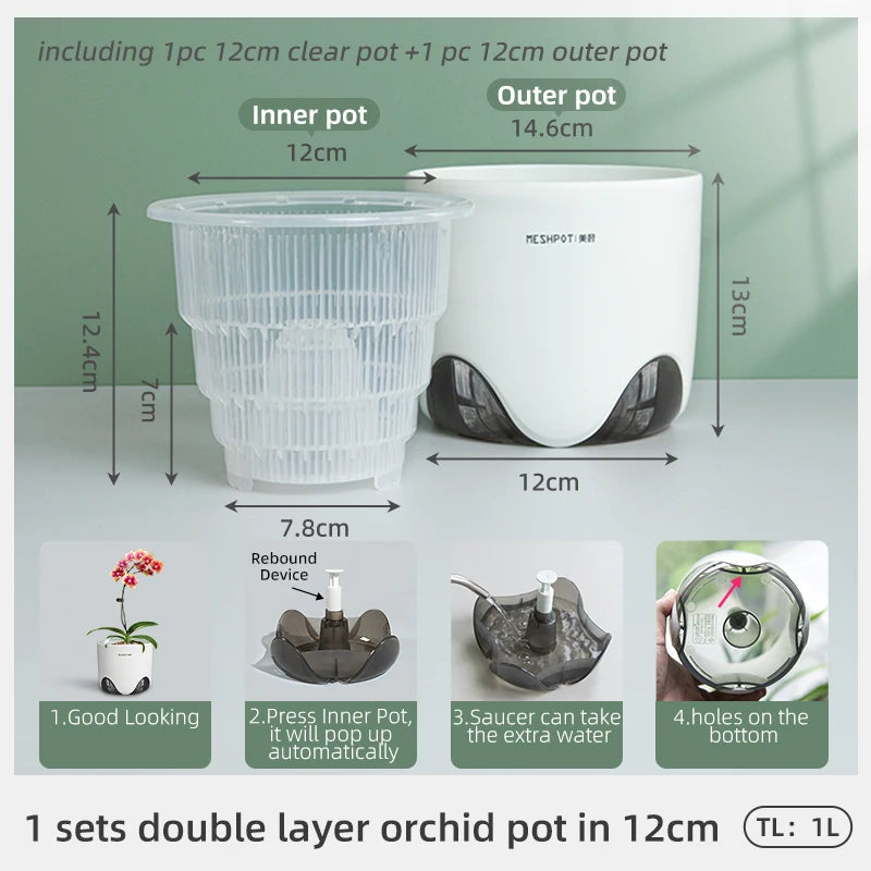 Meshpot Double Layer Orchid Pots with Holes - Plastic Planters Imitate Ceramic, Air Circulation Design for Phalaenopsis Orchid