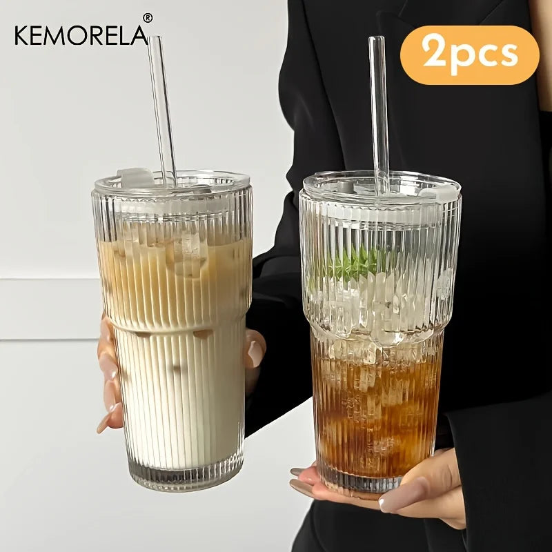 600ML Stripe Glass Coffee Cup with Lid