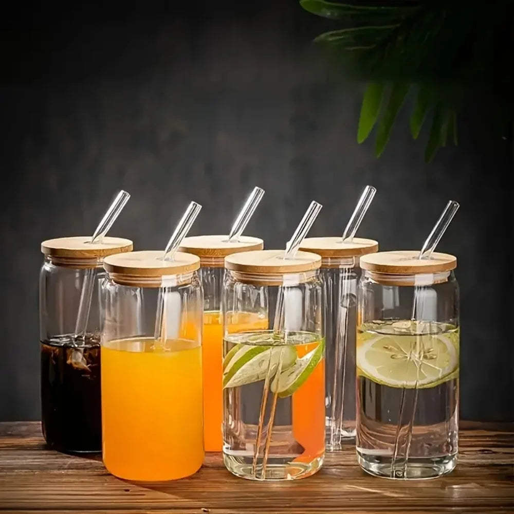 2/4/6pcs Glass Cups 500ml with Spill-Proof Lids And Straws Straw Cleaning Brushes for Hot/Iced BeerCoffee Tea Milk