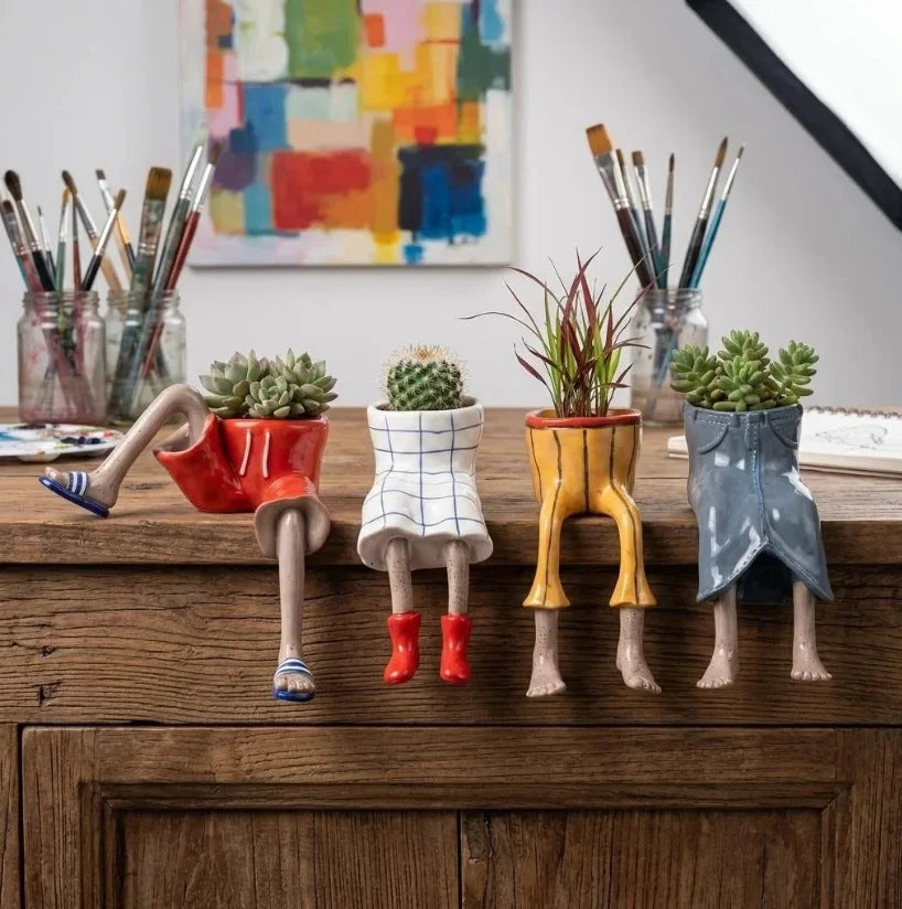 Novelty Sitting Legs Ceramic Planter Cute Dress Jeans Shaped Flower Pot Funny Ceramic Planter for Home Decor Creative Gift