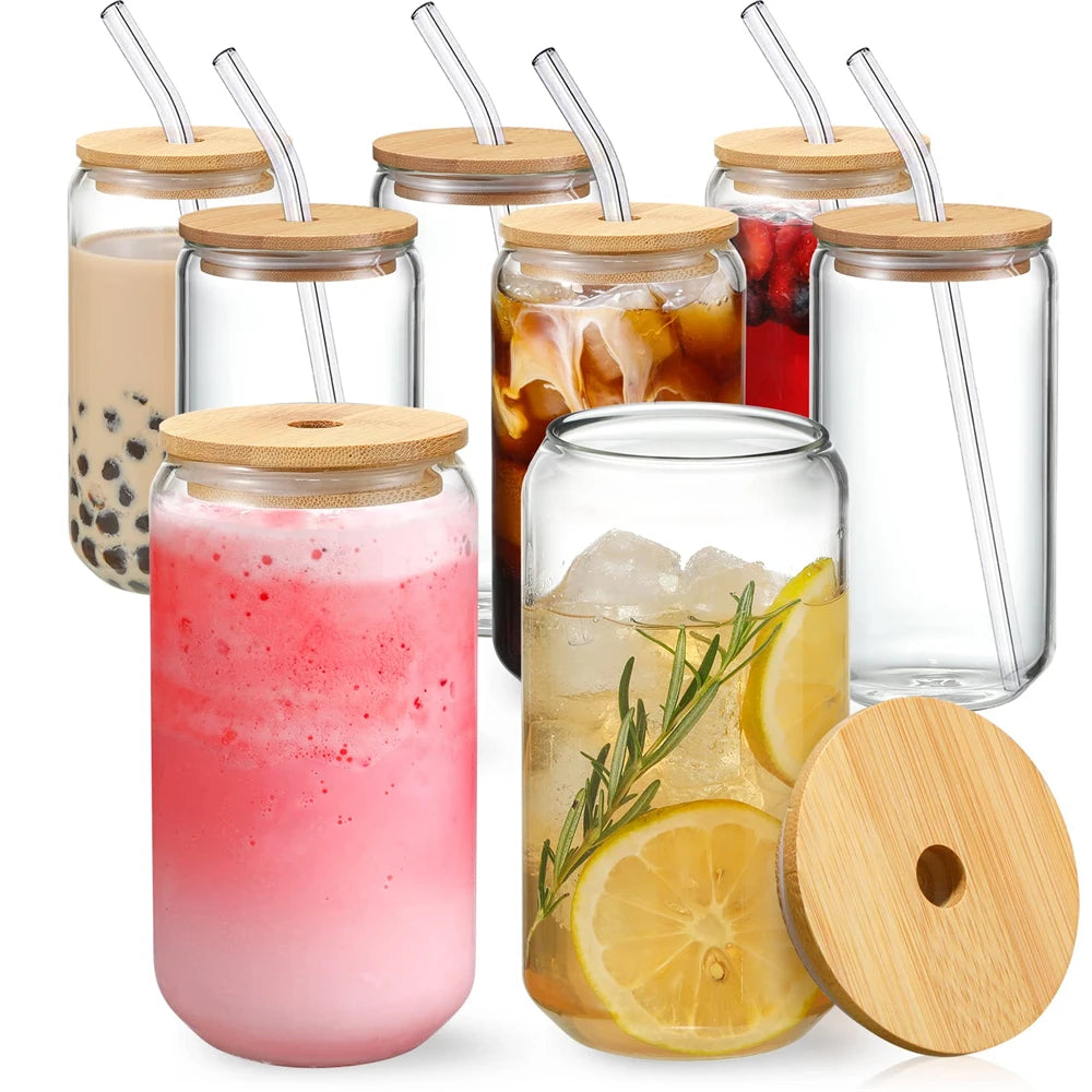 2/4/6pcs Glass Cups 500ml with Spill-Proof Lids And Straws Straw Cleaning Brushes for Hot/Iced BeerCoffee Tea Milk