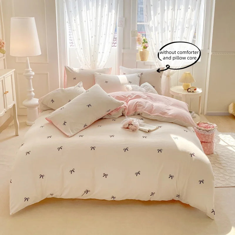 3 Piece Sheet Set pink bowknot embroidery duvet cover Set , comfortable Bedding Set Bedspread for All Season