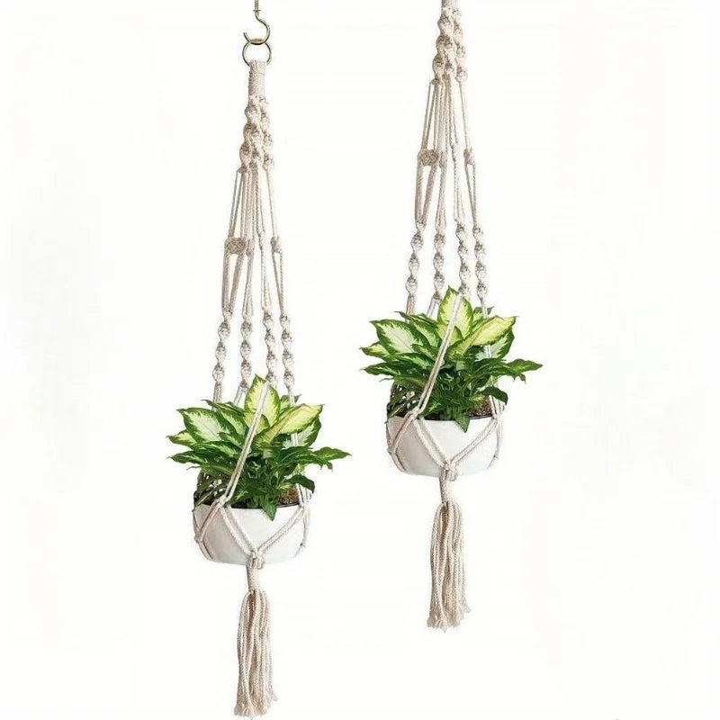 2Pcs Boho Hanging Planter Rope Rack Decorative Woven Rope Basket Outdoor Plant Flower Pot Hanging Organizer Net Room Garden