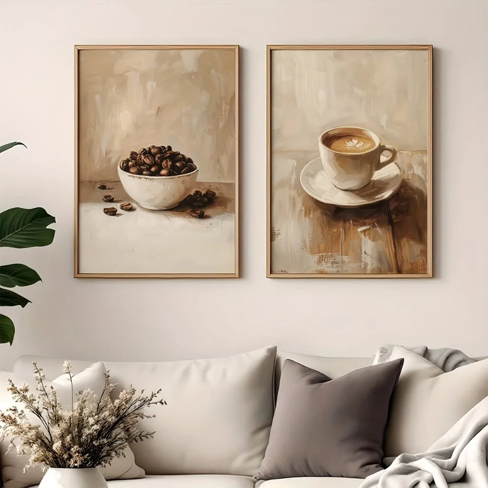 2pcs Frameless Rustic Farmhouse Coffee Cup and Bean Canvas,Retro Kitchen Decor with Coffee Cup and Bean Printing,Neutral Tones