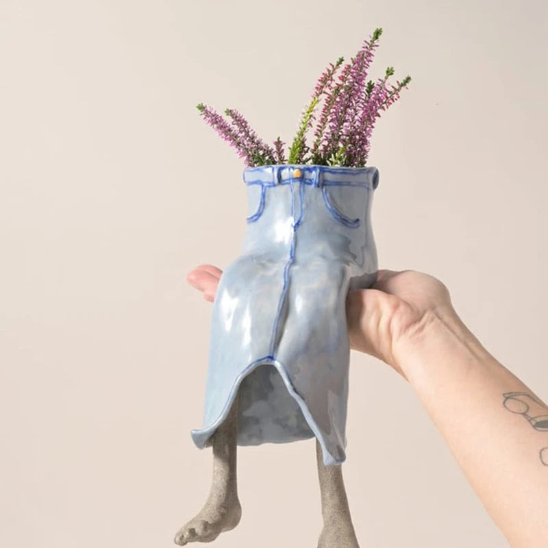 Novelty Sitting Legs Ceramic Planter Cute Dress Jeans Shaped Flower Pot Funny Ceramic Planter for Home Decor Creative Gift