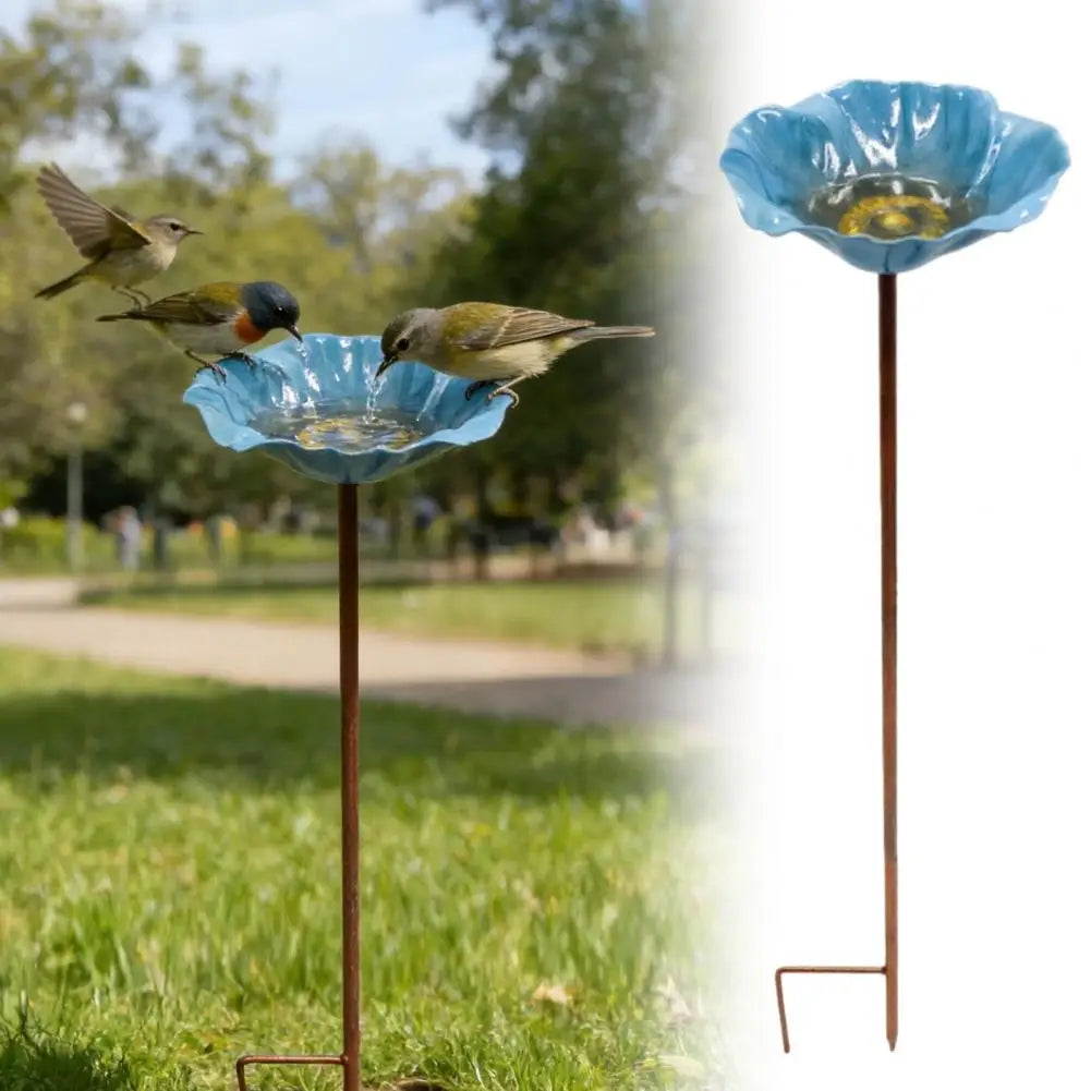 Metal Flower Yard Stake Handmade Bee Watering Station Ground Insert Bird Bath Feeder Butterfly Drinking Bowl Outdoor Decor