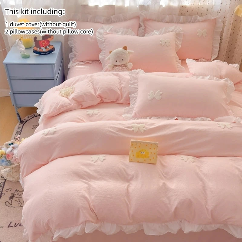 3 Piece Sheet Set pink bowknot embroidery Quilt Set , comfortable embroidery Bedding Set Bedspread for All Season