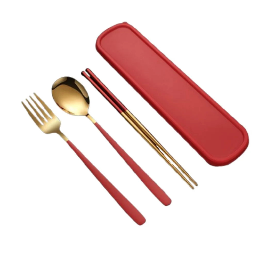3-in-1 Stainless Steel Cutlery Set with Storage Box – Fork, Spoon & Chopsticks