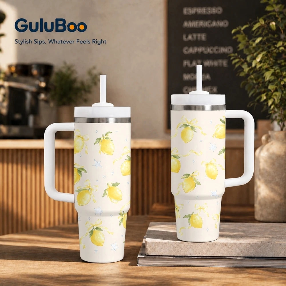Kawaii Cherry Pattern Vacuum Flasks 40oz Stainless Steel Insulated Tumbler with Handle & Straw Leakproof Travel Mug