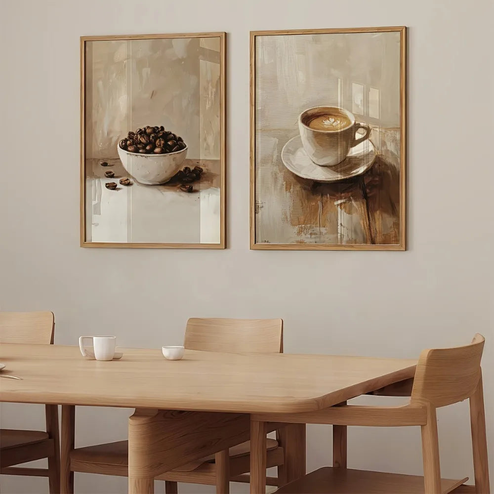 2pcs Frameless Rustic Farmhouse Coffee Cup and Bean Canvas,Retro Kitchen Decor with Coffee Cup and Bean Printing,Neutral Tones