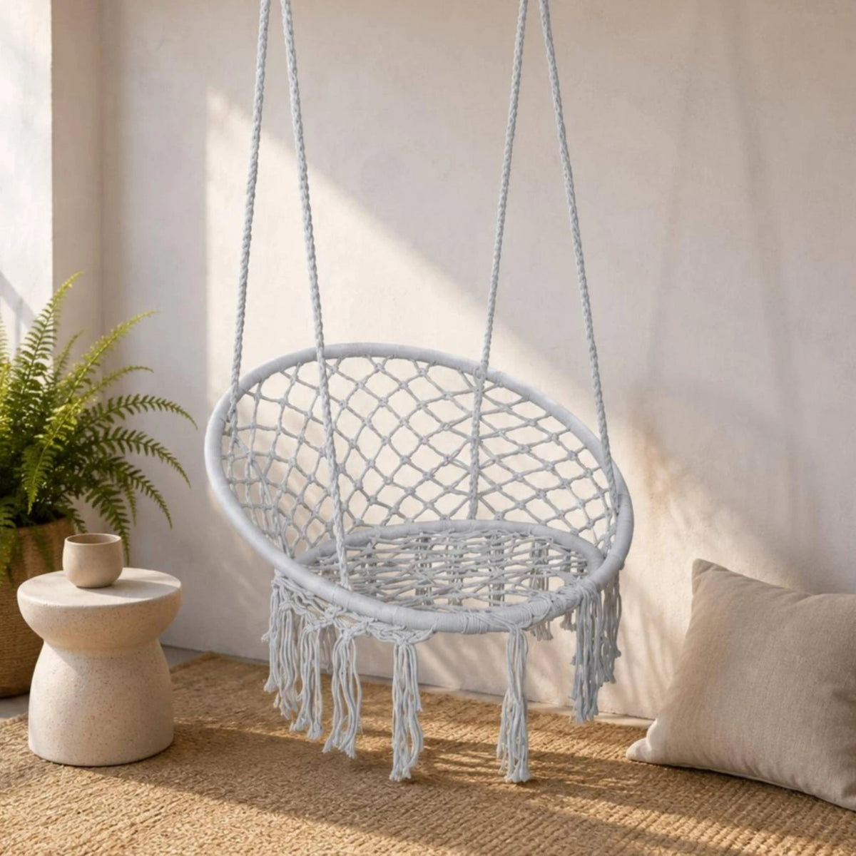Macrame Chair Airy Lattice Cotton Rope Hanging Chair Home Furniture Oval Frame Single-Color
