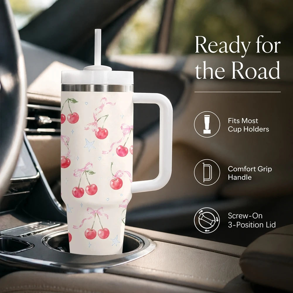 Kawaii Cherry Pattern Vacuum Flasks 40oz Stainless Steel Insulated Tumbler with Handle & Straw Leakproof Travel Mug