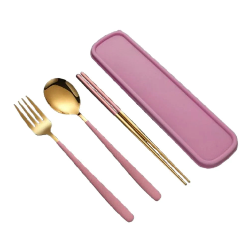 3-in-1 Stainless Steel Cutlery Set with Storage Box – Fork, Spoon & Chopsticks