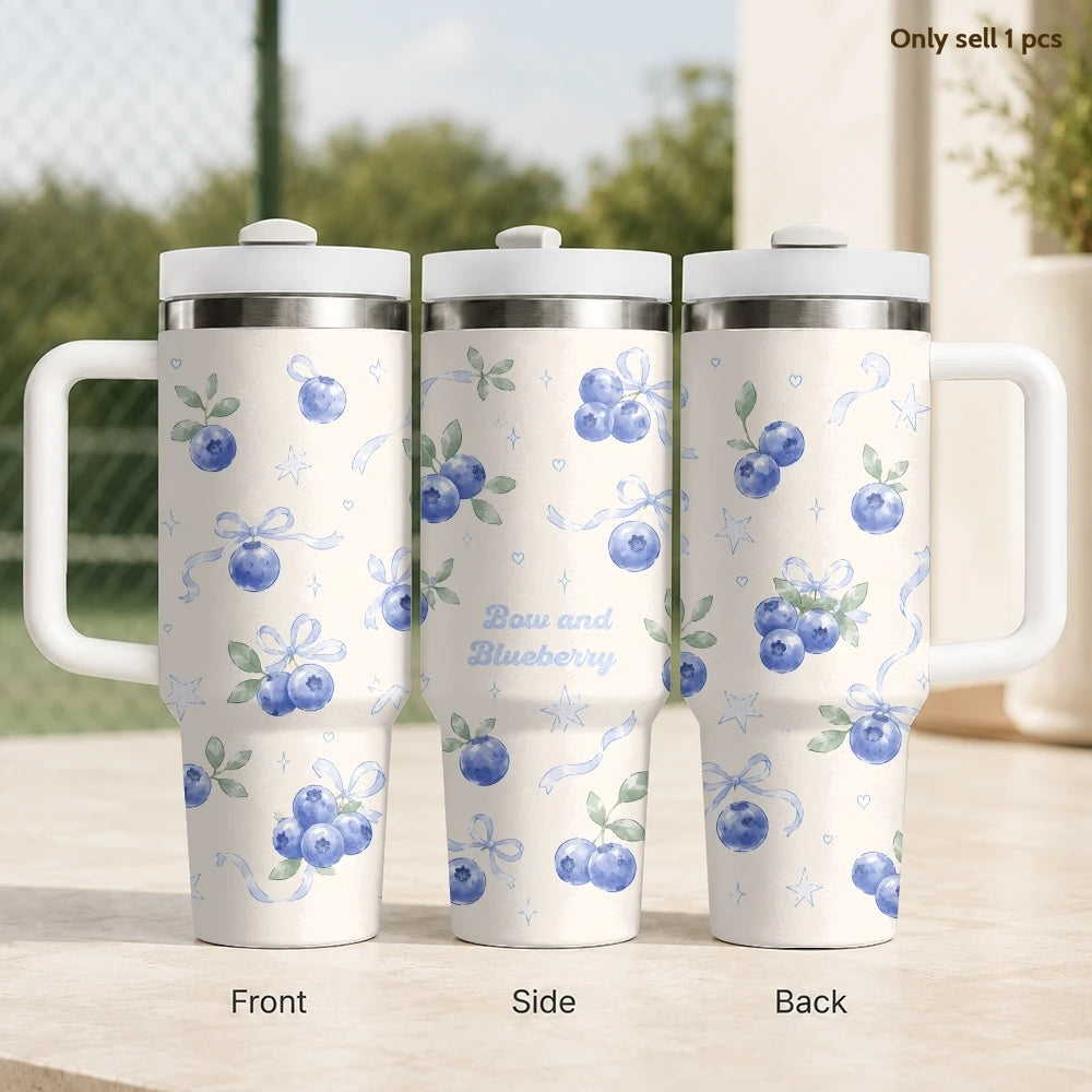 Kawaii Cherry Pattern Vacuum Flasks 40oz Stainless Steel Insulated Tumbler with Handle & Straw Leakproof Travel Mug