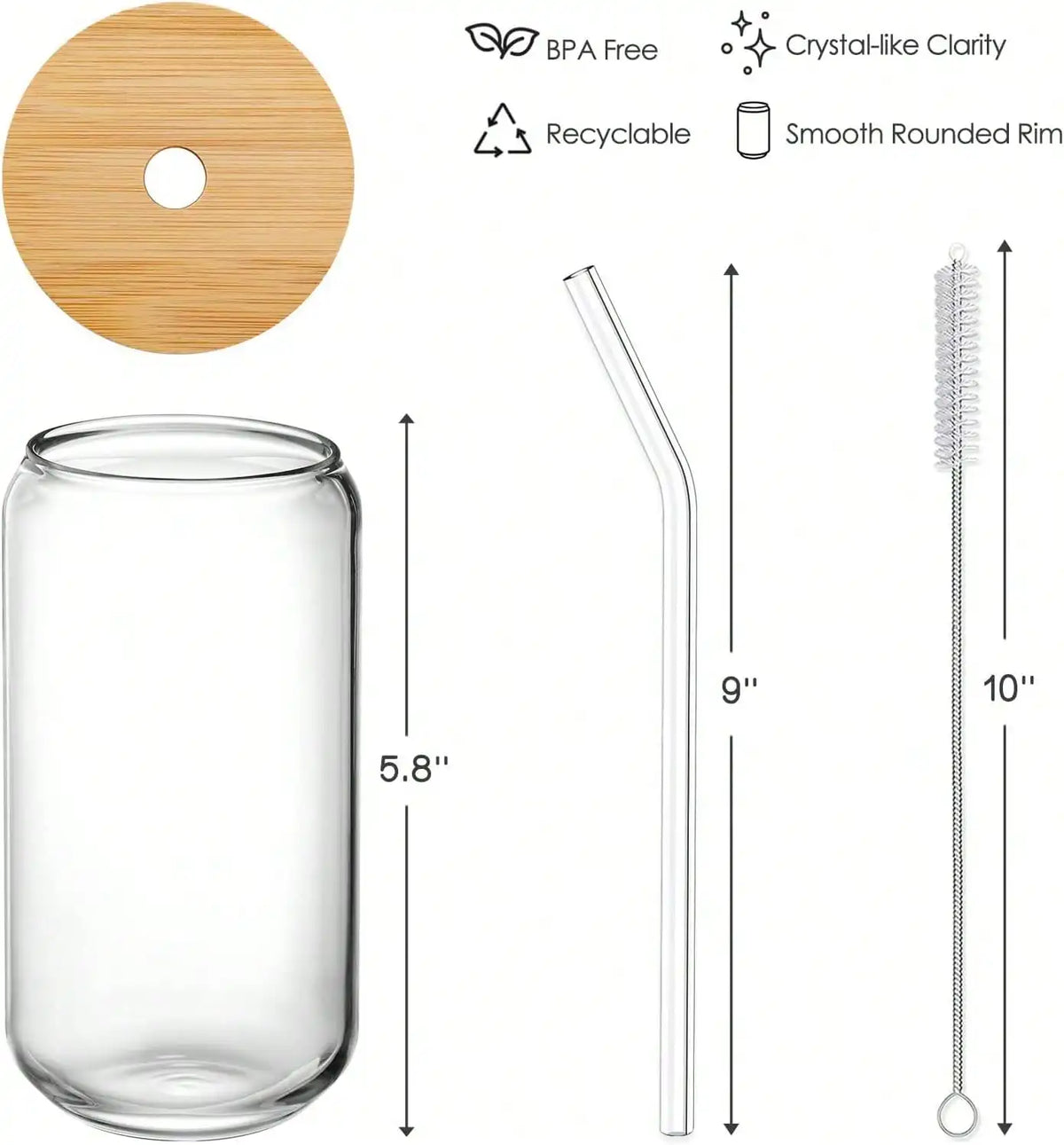 4-Piece 16OZ Glass Cups with Bamboo Lids