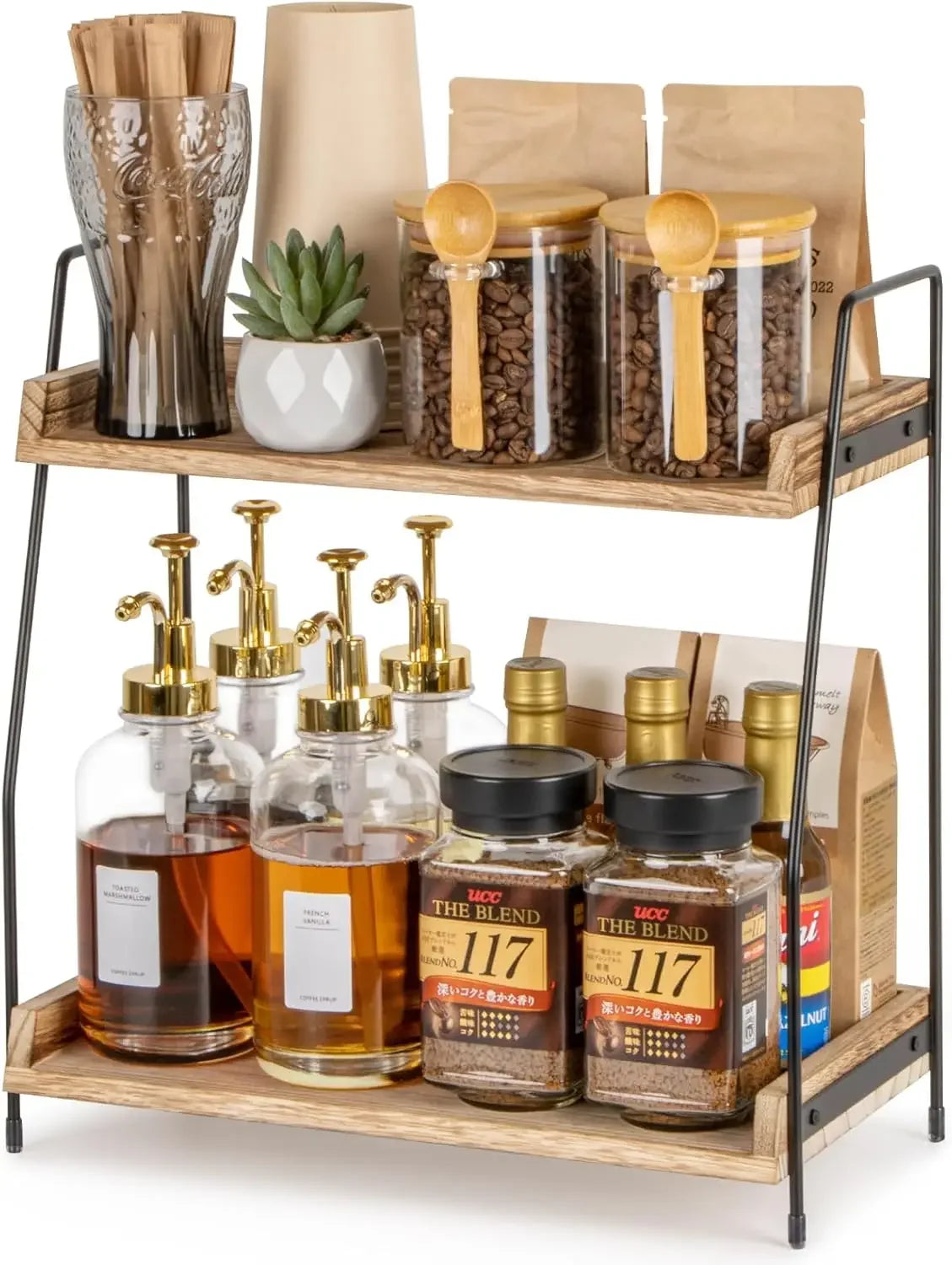 Counter Coffee Bar Organizer, Coffee Station Organizer for Countertop, Wooden Kitchen Counter Organizer