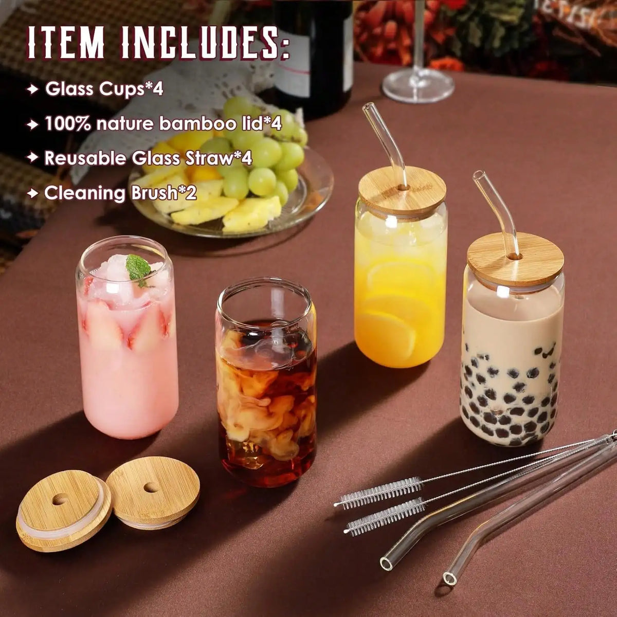 4-Piece 16OZ Glass Cups with Bamboo Lids