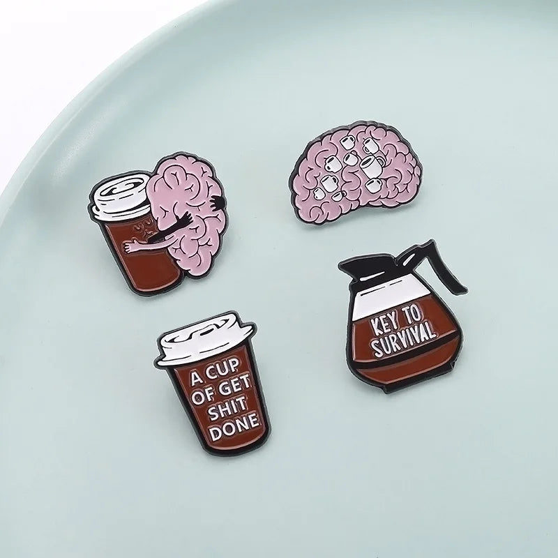 Funny Coffee Brain Enamel Pin Sassy Quote Brooch Coffee Cup Pot Lapel Badge Gift Backpack Denim Jacket Hat Clothes Accessory