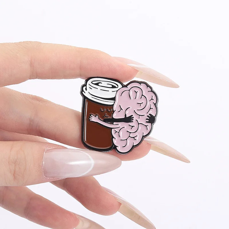 Funny Coffee Brain Enamel Pin Sassy Quote Brooch Coffee Cup Pot Lapel Badge Gift Backpack Denim Jacket Hat Clothes Accessory