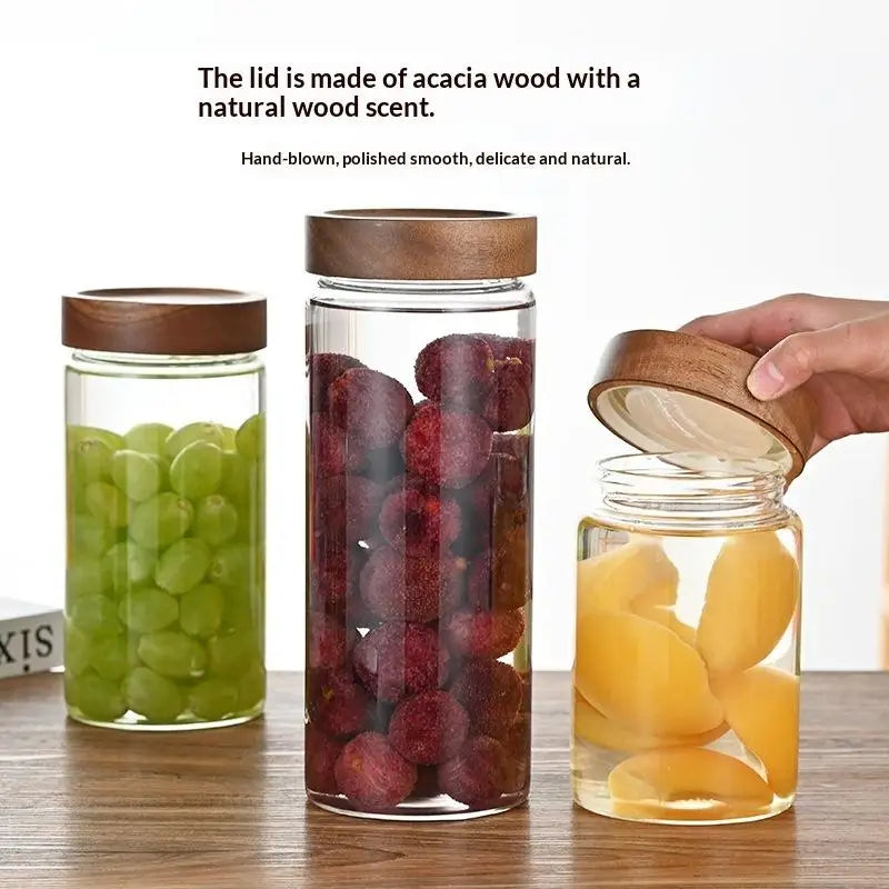 (.) Coffee Beans Sealed Tank Transparent Glass Container With Wood Lid Food Storage Jars Candy Dried Jars Household Organizer