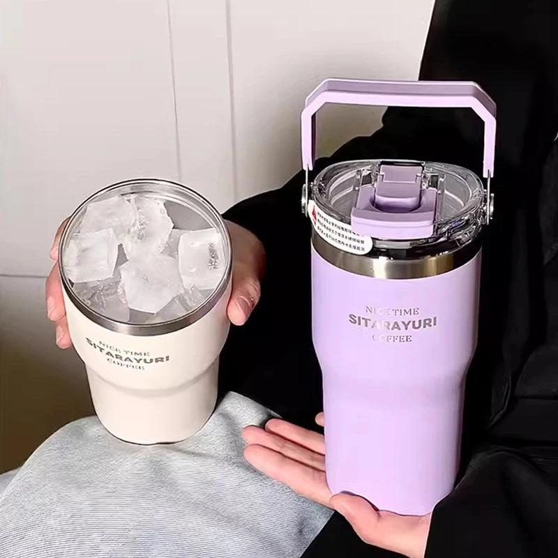 20oz Double Drink Thermos Cup Large Capacity Vacuum Insulation Thermal Bottle Ice Bully Straw Water Cup Portable Car Coffee Mug