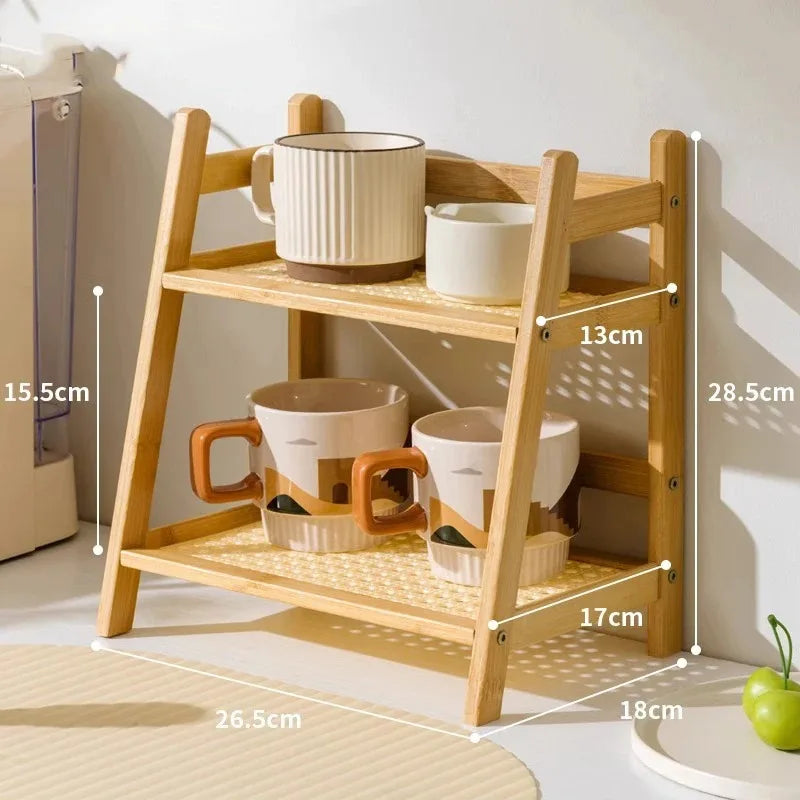 2-Tier Bamboo Countertop Organizer Rattan Coffee Cup Holder Desktop Storage Shelf for Kitchen Bathroom Vanity Dressing Table 
