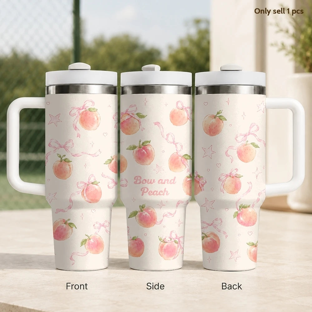 Kawaii Cherry Pattern Vacuum Flasks 40oz Stainless Steel Insulated Tumbler with Handle & Straw Leakproof Travel Mug