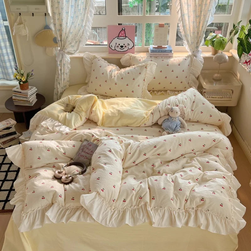 3/4Pcs Korean Princess Style Lace Ruffles Bedding Set Single Queen King Size Duvet Cover Set Bed Sheet Pillowcases